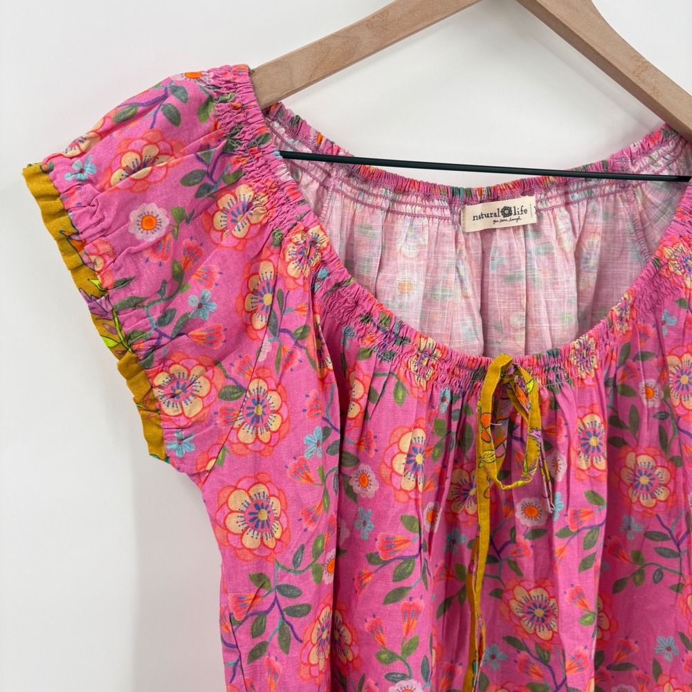 Natural Life XS Pink Floral Cotton Cap Sleeve Boho Blouse Top - Picture 7 of 7